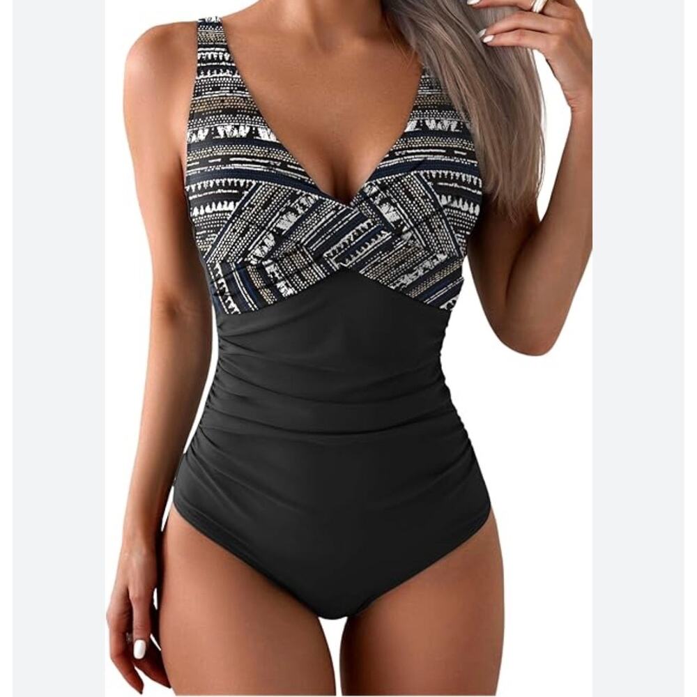 EoMENIIE One-Piece Swimsuit Deep V Flattering Size XL Black Dot Retro New NWT